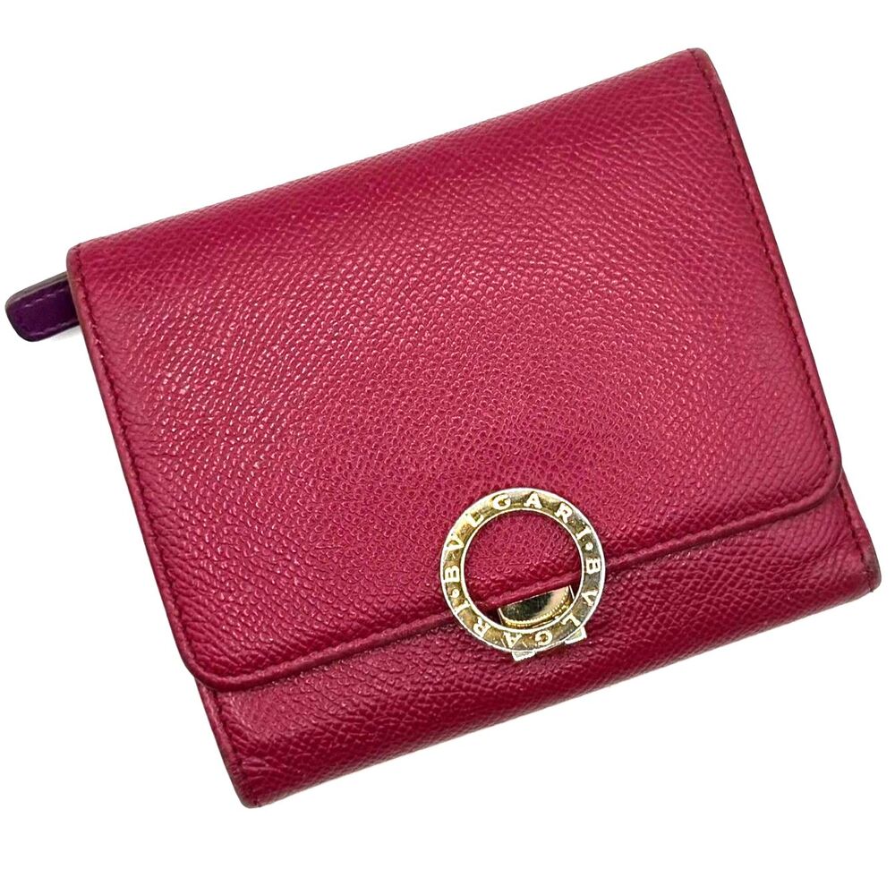 BVLGARI Gold Clasp Compact Pebbled Leather Wallet Raspberry Purple Authentic